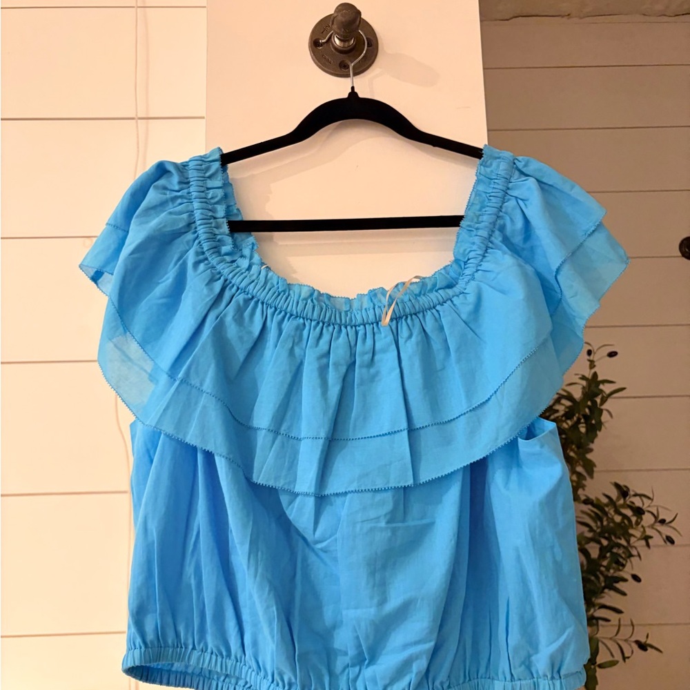 Trina Turk Blue Ruffled Off-Shoulder Women's Top